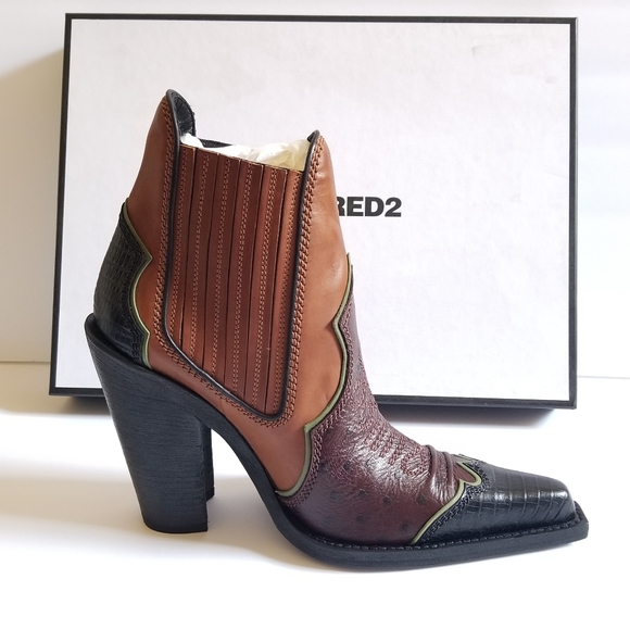 DSQUARED2 Shoes - Dsquared2 Embroidered Pointed Toe Western Leather Boots Size 38 Brown Bl…